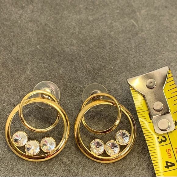 Gold tone crystal rhinestone double circle earrings - Picture 6 of 7
